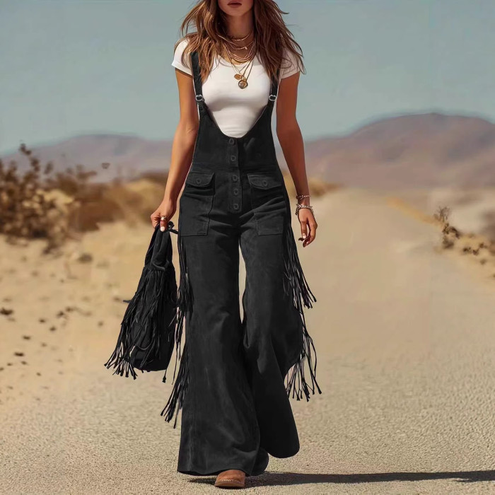 Western Vintage Suede Tassel Hollow Out Jumpsuit ✨