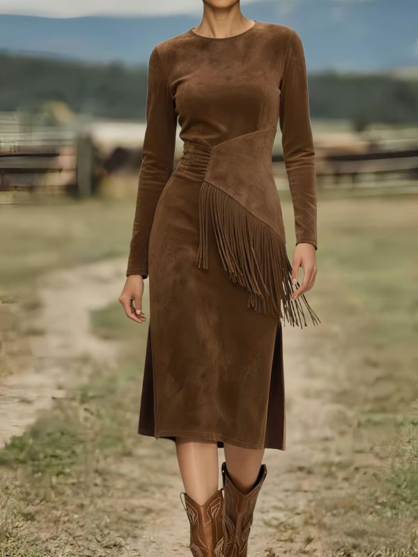 Retro Western Suede Tassel Split Midi Dress ✨