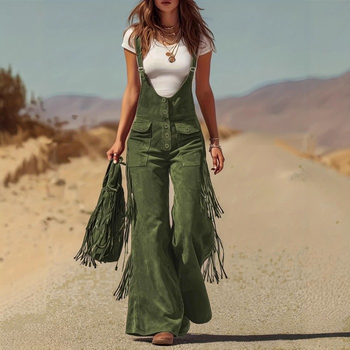 Western Vintage Suede Tassel Hollow Out Jumpsuit ✨