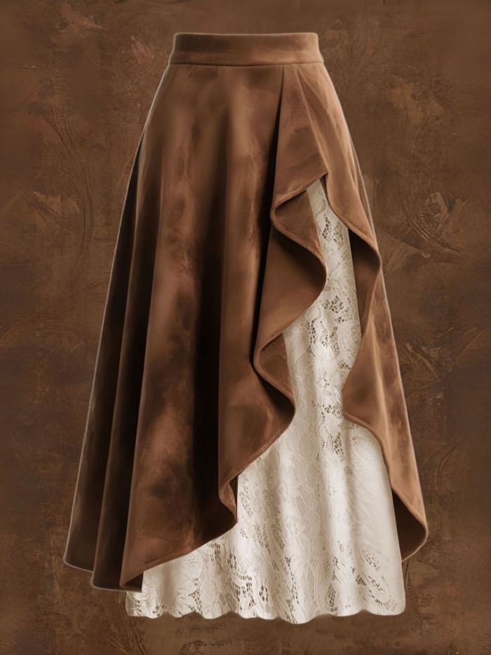 Western Vintage Brown Suede Lace A-Line Midi Skirt✨
