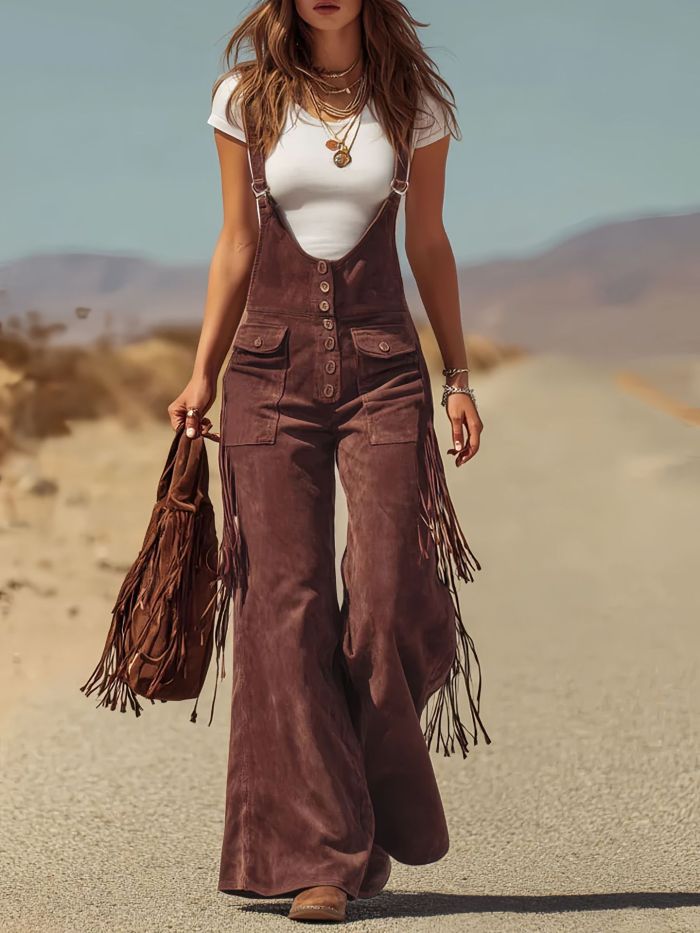Western Vintage Suede Tassel Hollow Out Jumpsuit ✨