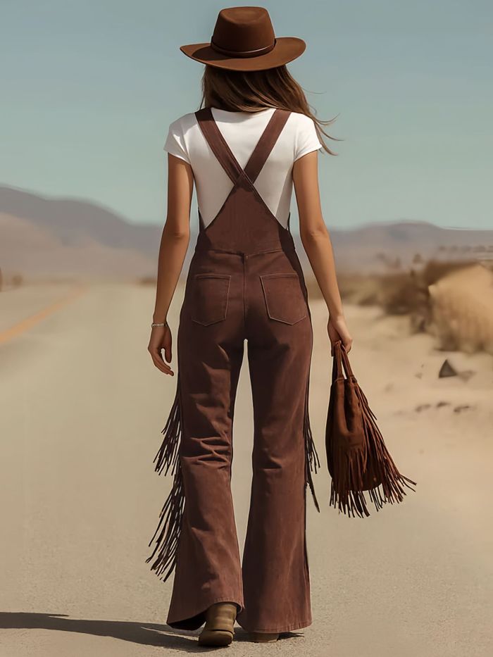 Western Vintage Suede Tassel Hollow Out Jumpsuit ✨