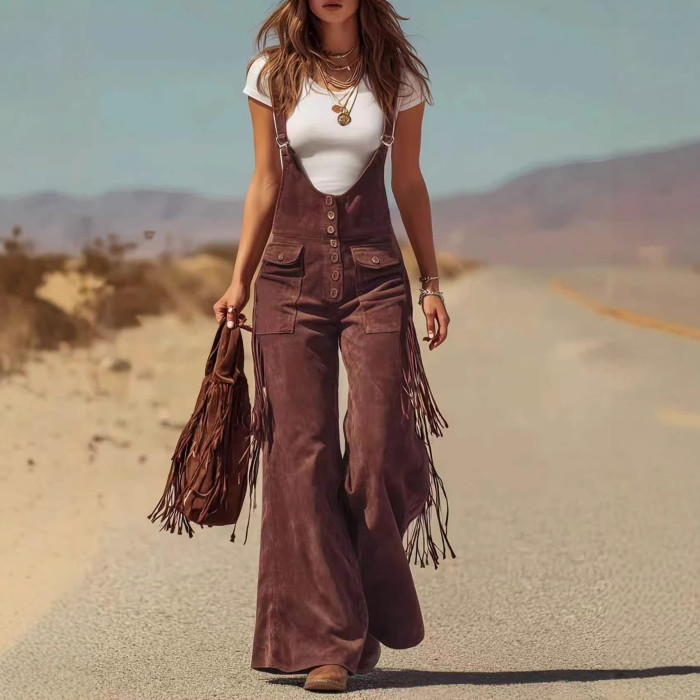 Western Vintage Suede Tassel Hollow Out Jumpsuit ✨