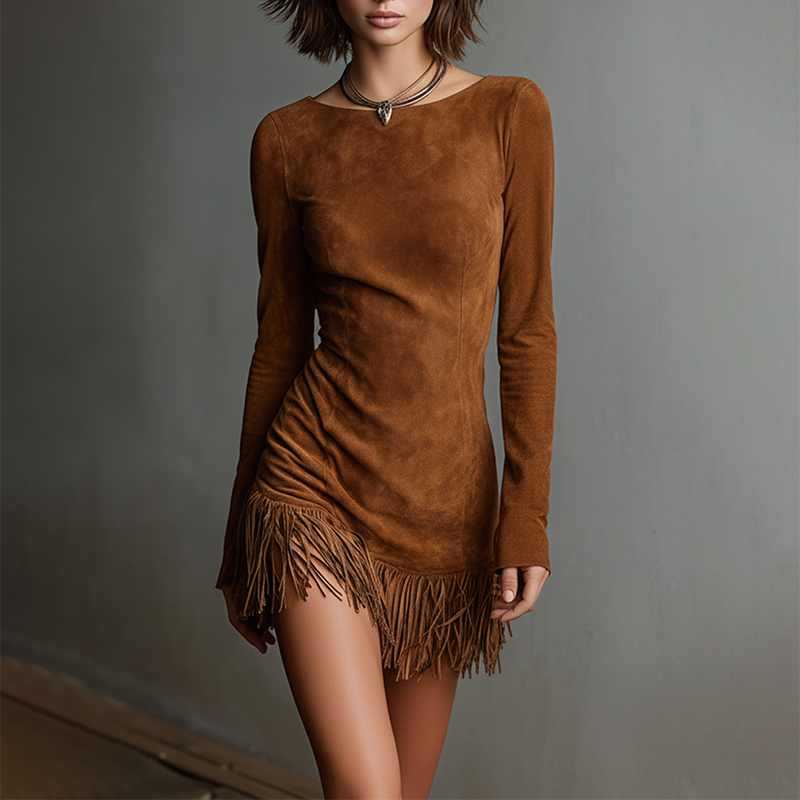 Western Retro Caramel Brown Tassel Mini Dress ✨