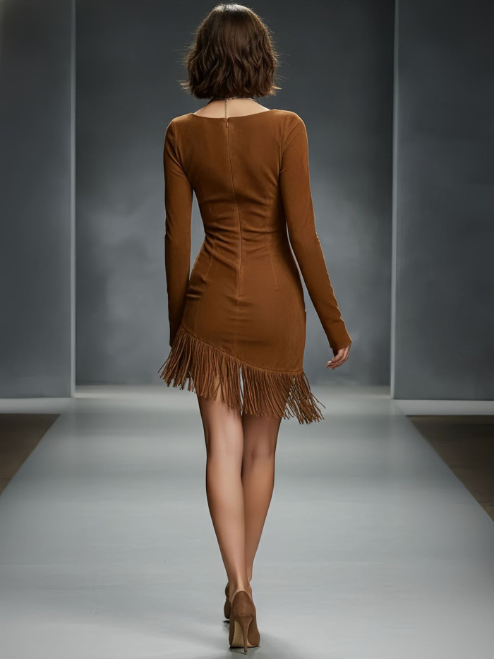 Western Retro Caramel Brown Tassel Mini Dress ✨