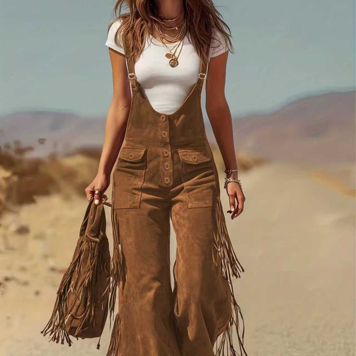 Western Vintage Suede Tassel Hollow Out Jumpsuit ✨