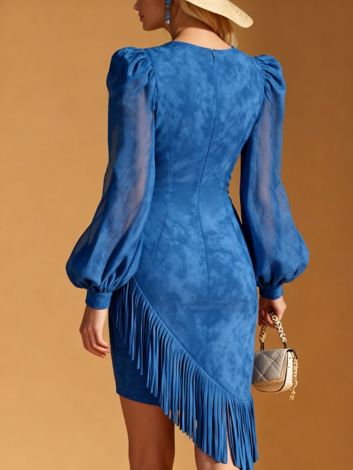 Imitation Suede Tassel Mesh Puff Sleeve Midi Dress ✨