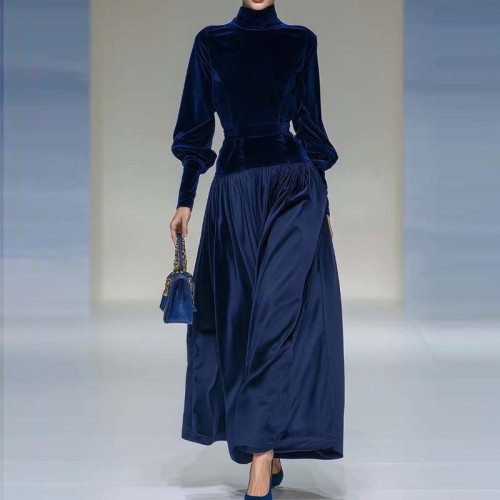 ✨ Elegant High Neck Velvet Patchwork Maxi Dress ✨