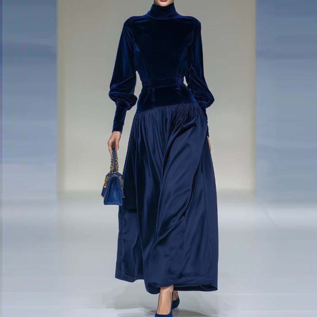 ✨ Elegant High Neck Velvet Patchwork Maxi Dress ✨