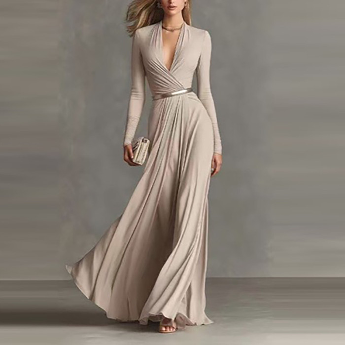 ✨ V-neck Pleated Long Sleeve Commute Dress ✨