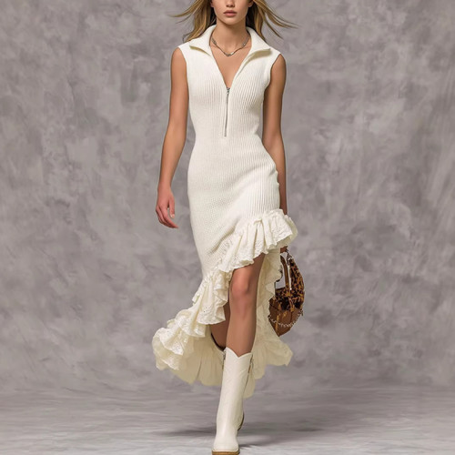 ✨ Elegant Lapel Ruffle Hem Knit Dress ✨