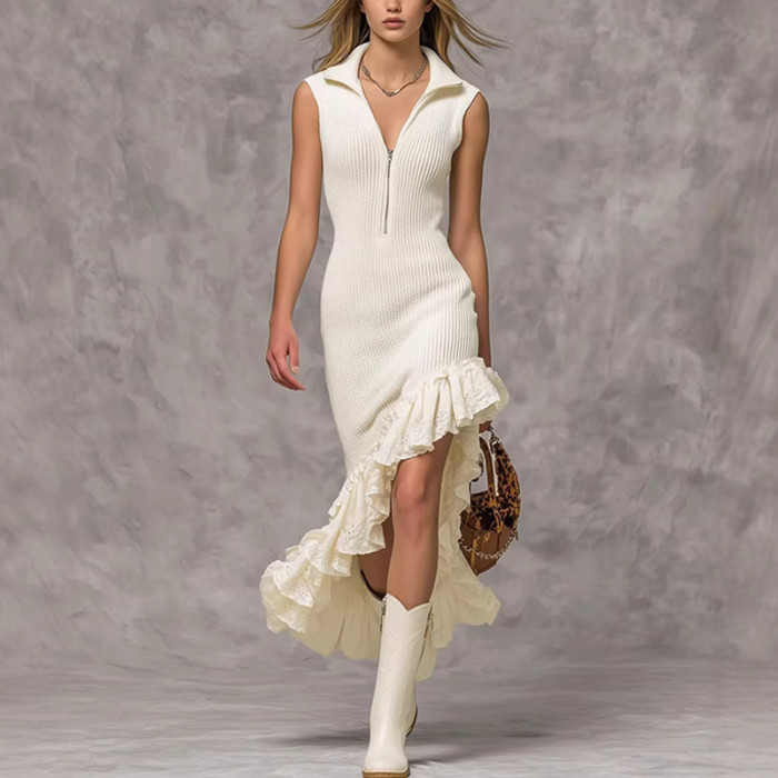 ✨ Elegant Lapel Ruffle Hem Knit Dress ✨