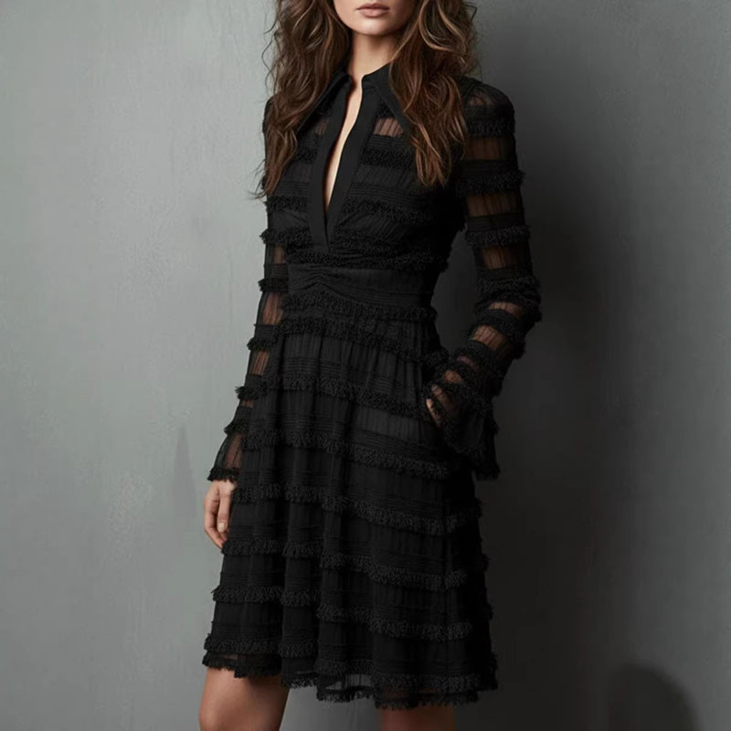 ✨ Sheer Mesh Fringe Trim Ruched Dress ✨