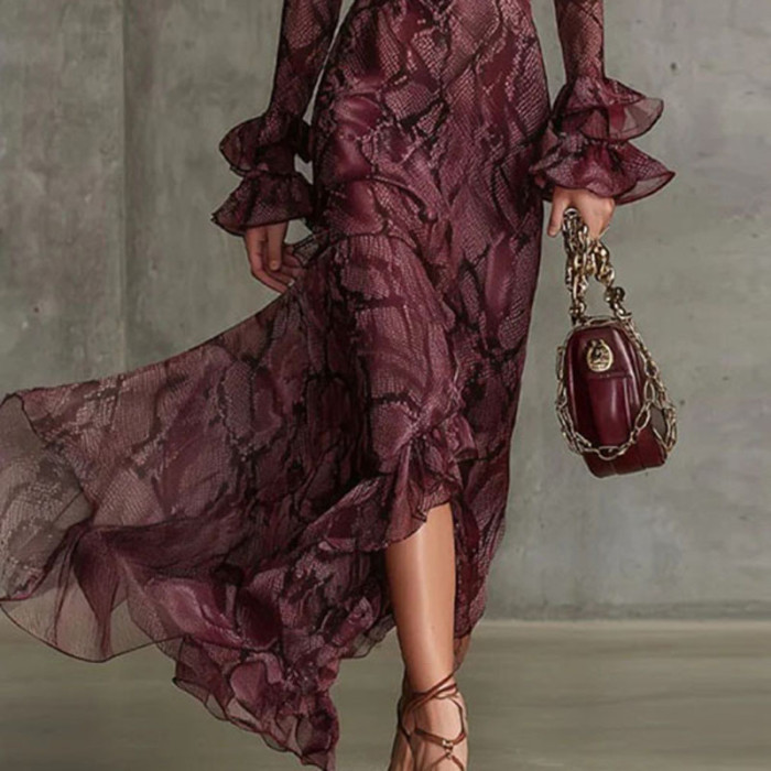 ✨ Retro Snake Print Ruffle Maxi Dress ✨