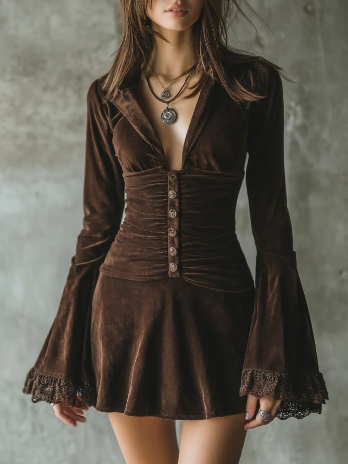 ✨ French Deep V Velvet & Lace Mini Dress ✨