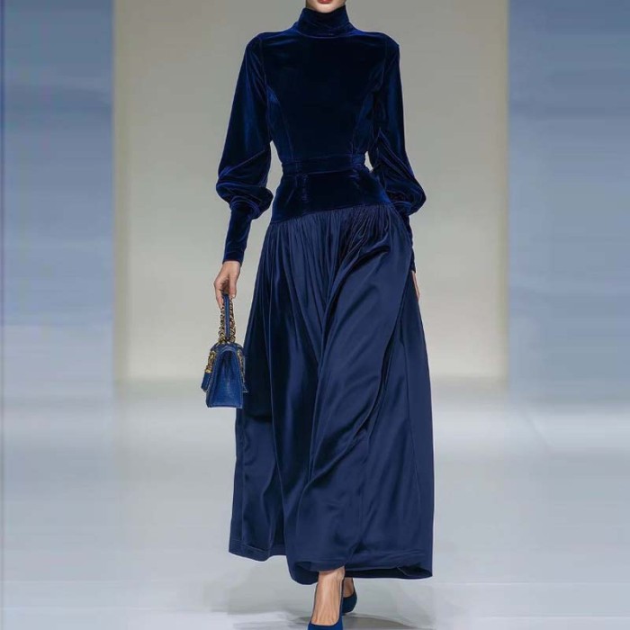 ✨ Elegant High Neck Velvet Patchwork Maxi Dress ✨
