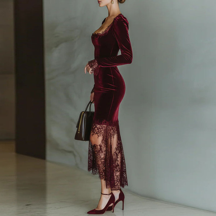✨ Splicing Lace Velvet Banquet Dress ✨