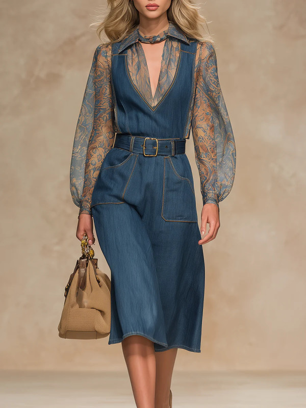 ✨ Vintage Denim Mesh Sleeve Jumpsuit ✨