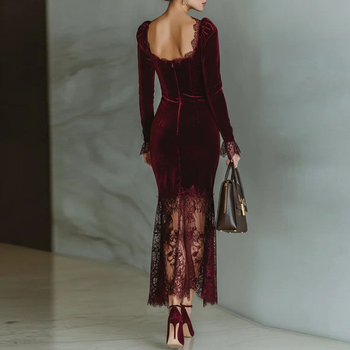 ✨ Splicing Lace Velvet Banquet Dress ✨