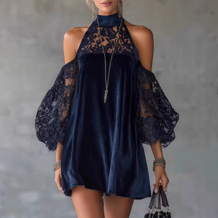 ✨ Sweet Lace Velvet Cold Shoulder Dress ✨