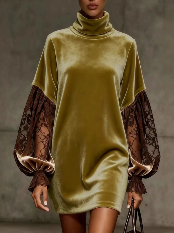 ✨ Lace Patchwork Velvet Turtleneck Mini Dress ✨