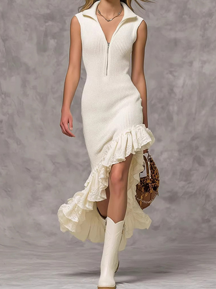✨ Elegant Lapel Ruffle Hem Knit Dress ✨