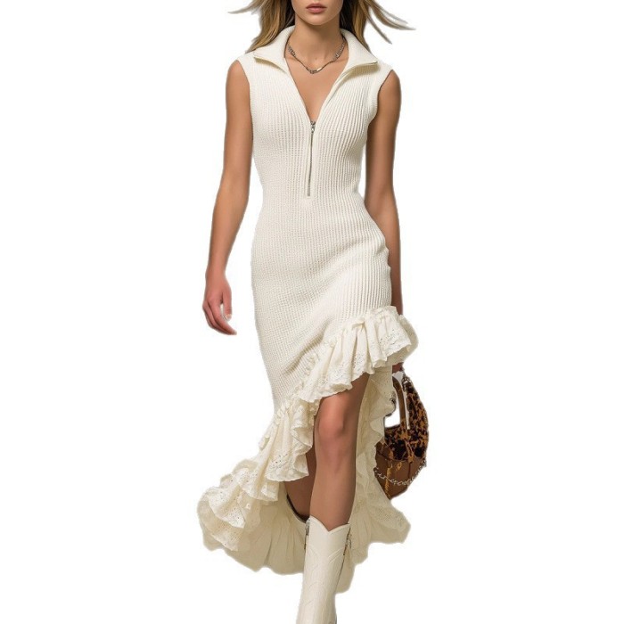 ✨ Elegant Lapel Ruffle Hem Knit Dress ✨