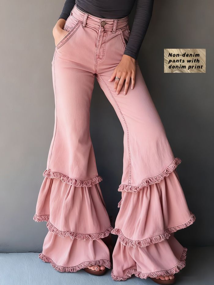 Retro Ruffled Faux Denim Flare Pants ✨