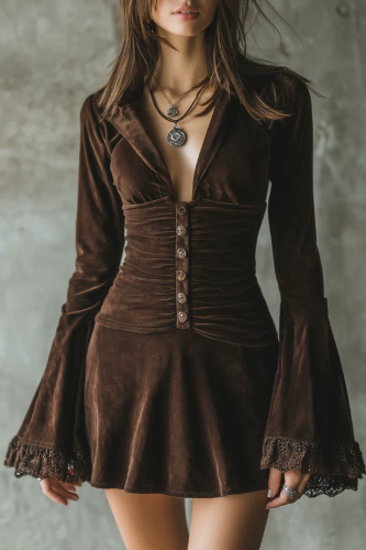 ✨ French Deep V Velvet & Lace Mini Dress ✨