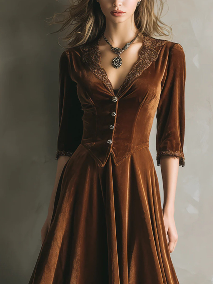 ✨ Vintage Velvet Lace Trim Midi Dress ✨