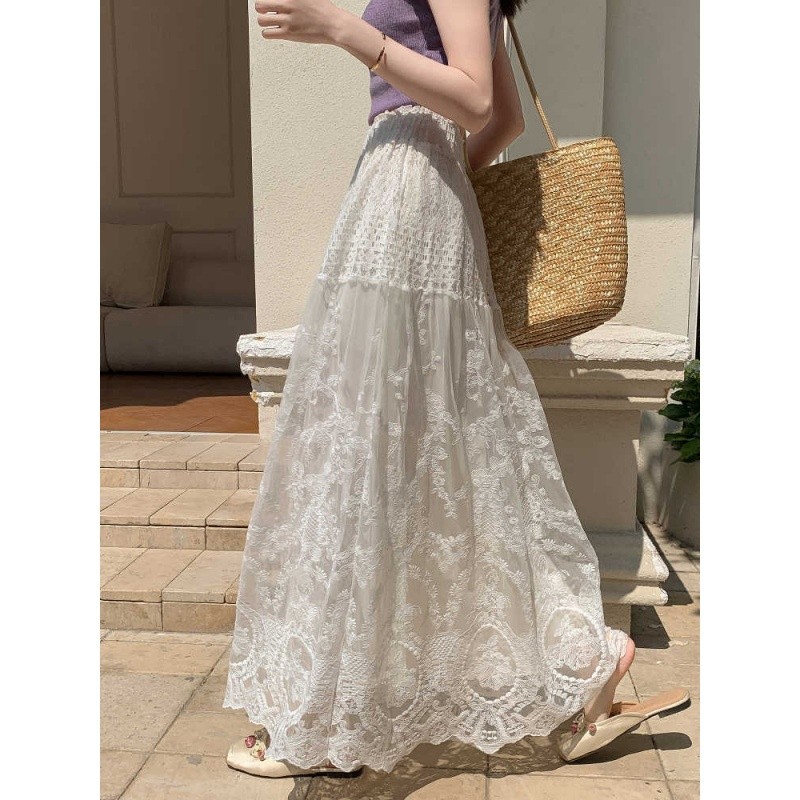 ✨ Lace Trim Mesh A-Line Maxi Skirt ✨