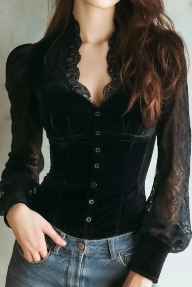 ✨ Retro Luxury Velvet Lace Flared Sleeve Blouse ✨