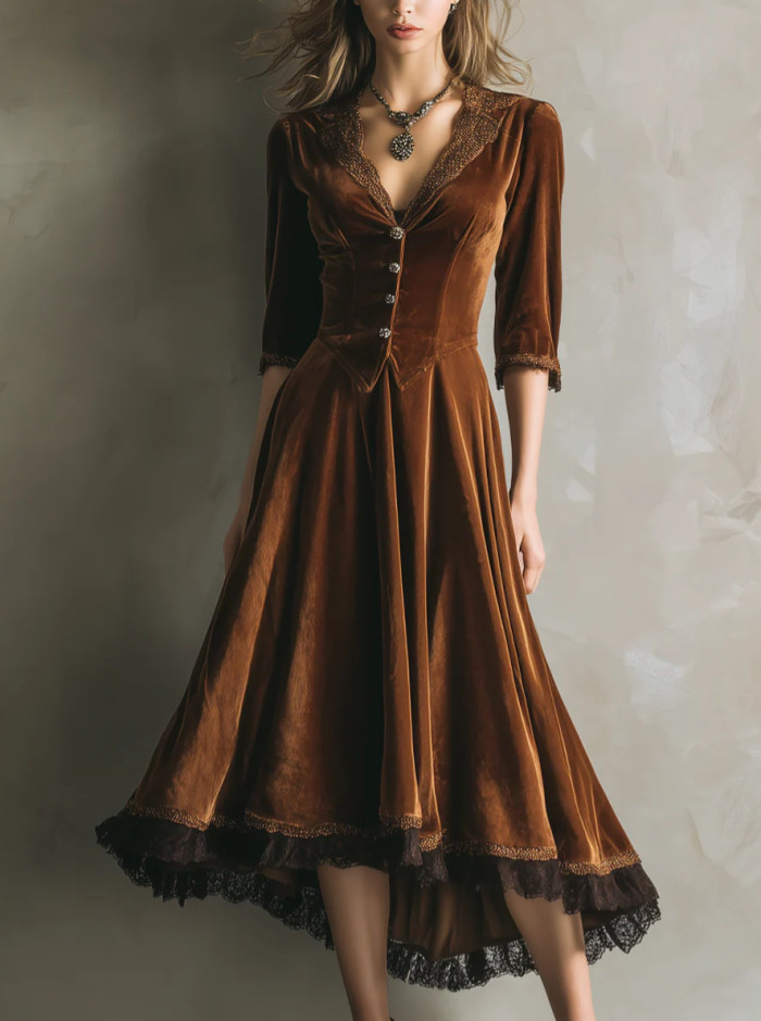 ✨ Vintage Velvet Lace Trim Midi Dress ✨