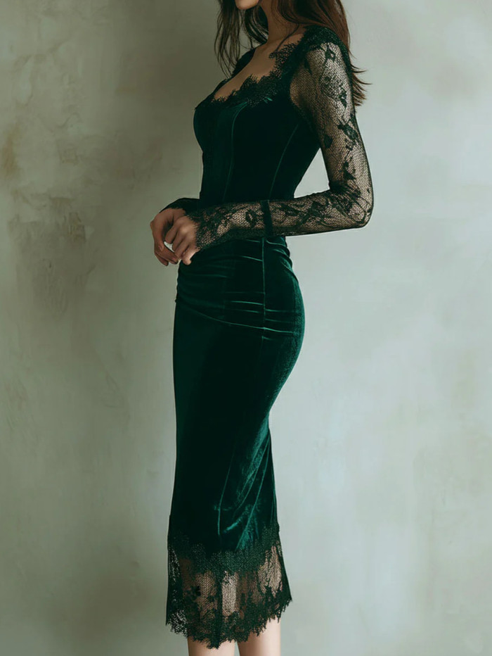 ✨ Spring Lace Patchwork Velvet Bodycon Dress ✨
