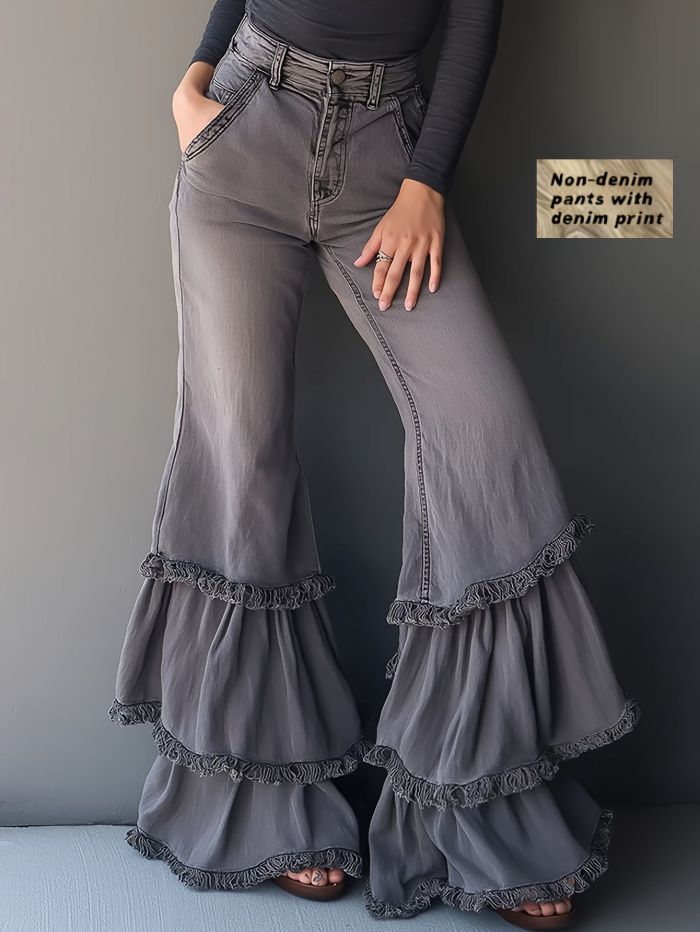 Retro Ruffled Faux Denim Flare Pants ✨