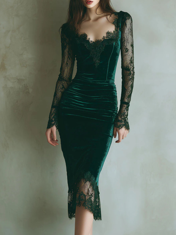 ✨ Spring Lace Patchwork Velvet Bodycon Dress ✨