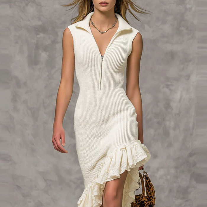 ✨ Elegant Lapel Ruffle Hem Knit Dress ✨