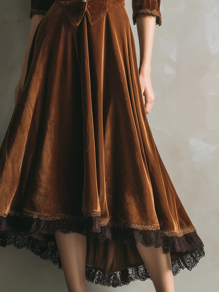 ✨ Vintage Velvet Lace Trim Midi Dress ✨
