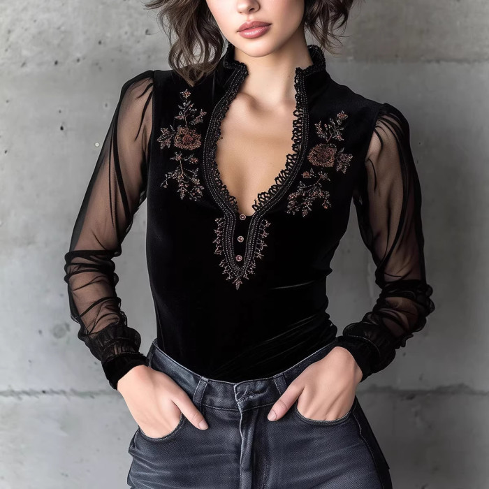 ✨ Retro Floral Embroidered Sheer Mesh Blouse ✨