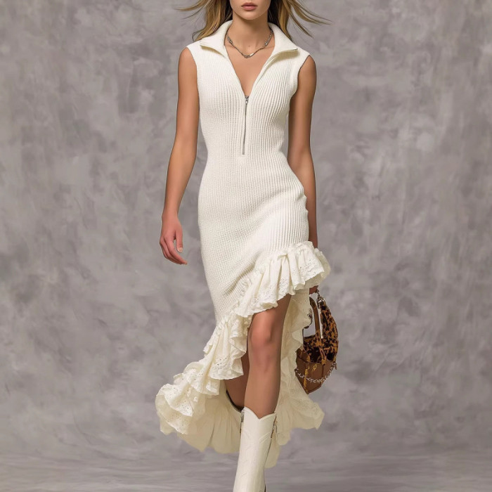 ✨ Elegant Lapel Ruffle Hem Knit Dress ✨