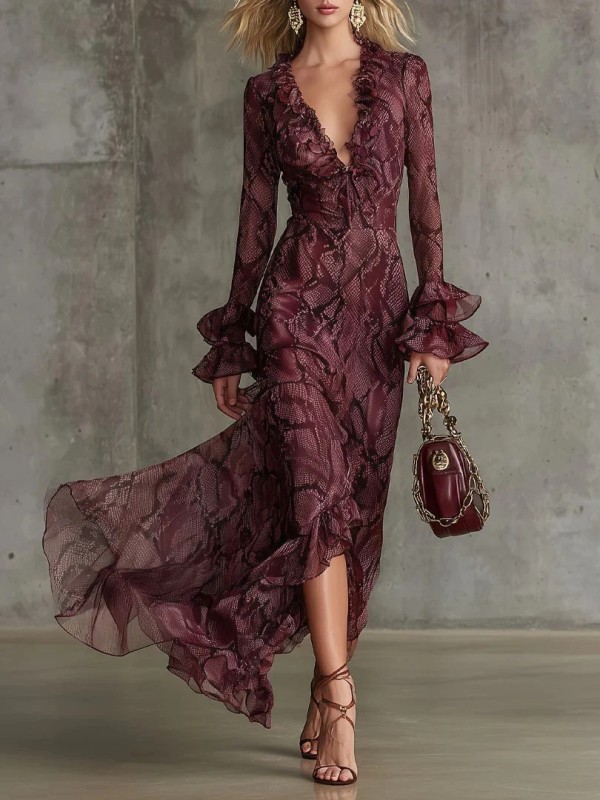 ✨ Retro Snake Print Ruffle Maxi Dress ✨