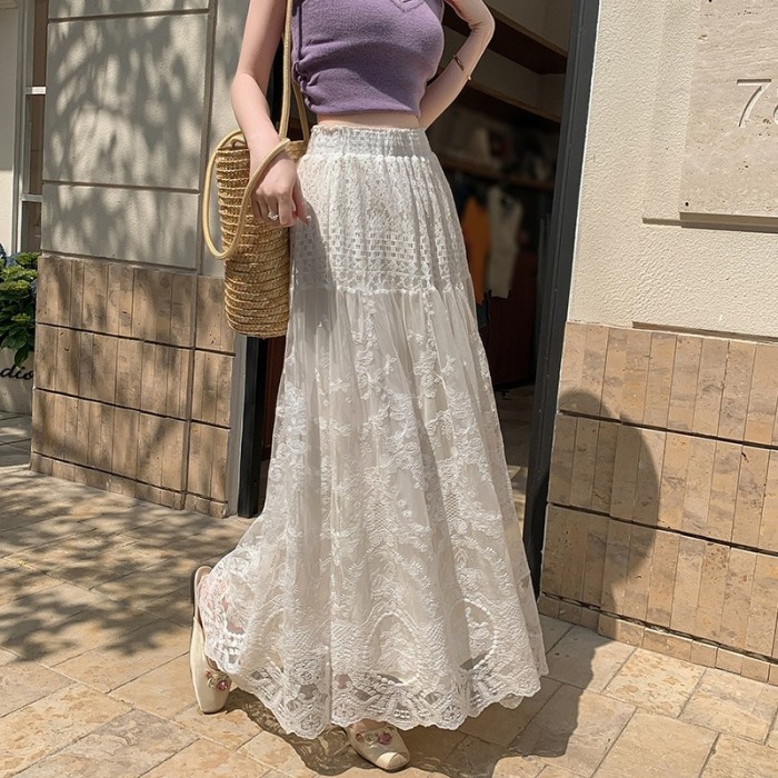 ✨ Lace Trim Mesh A-Line Maxi Skirt ✨