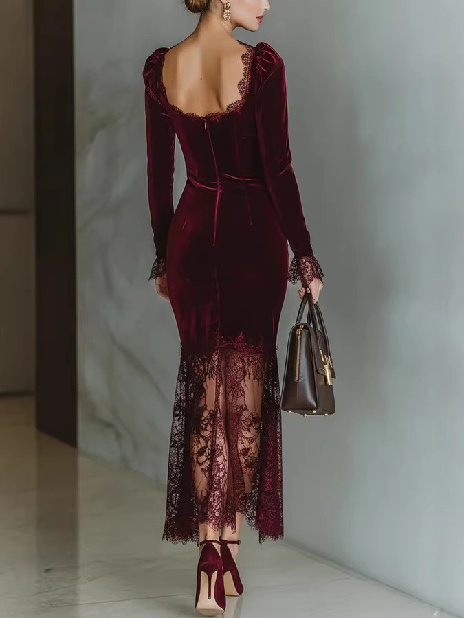 ✨ Splicing Lace Velvet Banquet Dress ✨