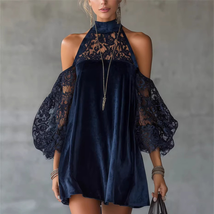 ✨ Sweet Lace Velvet Cold Shoulder Dress ✨