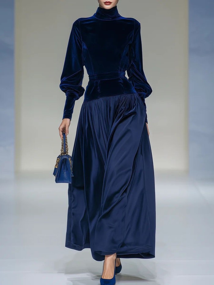 ✨ Elegant High Neck Velvet Patchwork Maxi Dress ✨