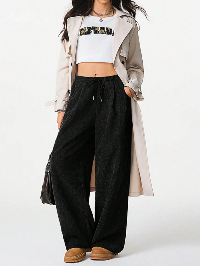 Solid Color Pockets Elasticity Drawstring Wide Leg High Waisted Trousers Pants