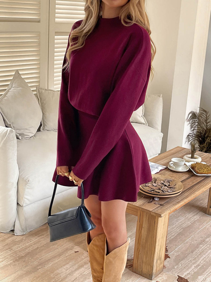 Solid Color Elasticity Long Sleeves High Waisted Round-neck Sweater Dresses Mini Dresses