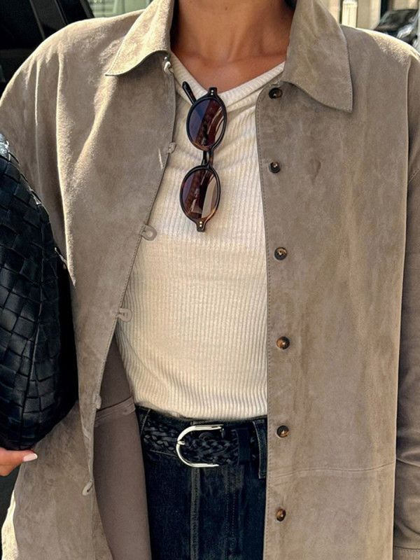 Split-Joint Solid Color Buttoned Loose Long Sleeves Lapel Outerwear Blouses&Shirts Tops