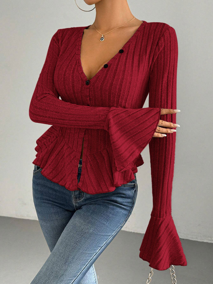 Split-Joint Solid Color Ruffled Buttoned Long Sleeves Flared Sleeves Deep V-Neck T-Shirts Tops