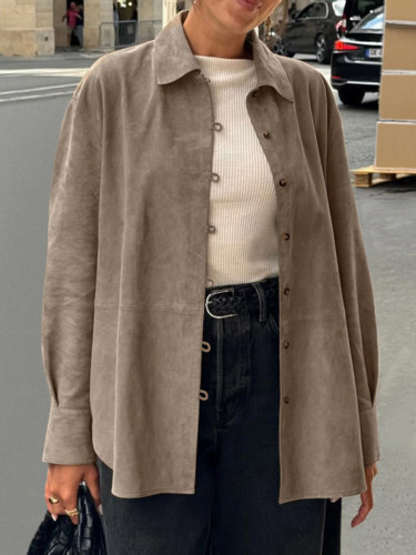 Split-Joint Solid Color Buttoned Loose Long Sleeves Lapel Outerwear Blouses&Shirts Tops